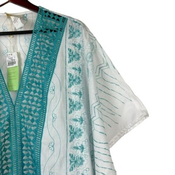NEW RIO DE JAS size large White Blue embroidered Kaftan Mumu Dress Maxi Poncho - Picture 2 of 15